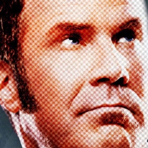 May include: Close-up of a man's face with a vintage, halftone effect. The image features a light skin tone, blue eyes, and a focused gaze. The man has a defined jawline and a slight smile, with dark hair and sideburns.