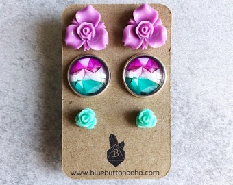 Abstract Gradient x Floral Earrings, Set of 3 - Silver Studs, Lilac Purple Trillium Flowers, Mint Green Roses, Geometric, Modern Jewelry