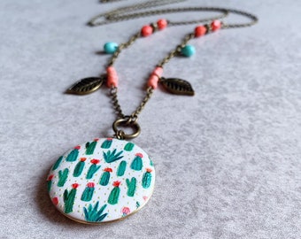 Cactus Garden Locket Necklace - Embossed Antique Bronze Locket, Succulents, Cacti, Plants, Coral Pink, Mint Green, Layering Necklaces, Boho