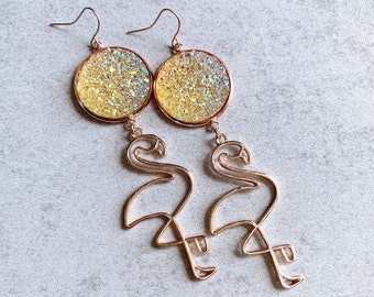 Flamingo x Druzy Statement Earrings - Modern, Rose Gold Tropical Charms; Champagne Gold Druzy Cabochons; Bird Jewelry; Beach Accessories