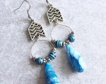 Blue Agate x Arrowhead Hoops Earrings - Southwestern, Silver Hoops, Striped Jasper Beads, Blue Lace Agate, Bohemian Chic Bridesmaids Jewelry