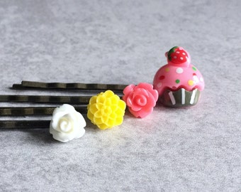 Sweet Treat Hair Pins, Set of 4 - Antique Bronze Bobby Pins, Cupcakes, Kawaii, Kitsch, Pink/White Roses, Yellow Mums/Dahlias, Floral, Cute