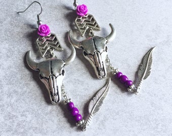 Magenta Desert Wanderer Earrings - Silver Cow Skulls, Longhorn Antlers, Seed Beads, Feather Charms, Arrow Charms, Violet Purple Roses, Boho