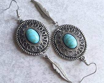 Turquoise Dreamcatcher x Feather Earrings - Silver Charms/Hoops, French Hooks, Howlite Cabochons, Bohemian, Gypsy, Hippie, Boho Chic Jewelry