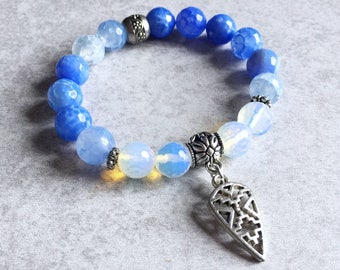 Arrowhead Opalite x Agate Beaded Bracelet - Stackable, Periwinkle Blue Beads, Antique Silver Beads, Stretchy, Gypsy, Boho Chic Jewelry