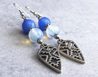 Opalite x Agate Arrowhead Drop Earrings - Silver Aztec Charms, Faceted Beads, Gemstones, Periwinkle Blue, French Hooks, Boho Chic Jewelry