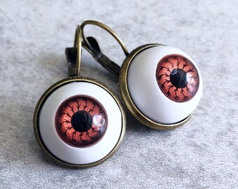 Red Evil Eye Drop Earrings - Antique Bronze Leverback Hooks, 16mm Plastic Cabochons, Brown Eyes/Eyeballs, Spooky, Creepy, Funky, Dangle