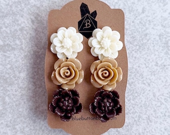 Mocca Braun · Latte Braun · Weiße Schokolade // 3er Set Ohrstecker - Resin Blüten Cabochons, Silber Ohrstecker, Rosen, Pfingstrosen