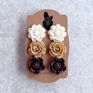 Mocha Brown Latte Brown White Chocolate // Floral Stud Earrings, Set of 3 Resin Flower Cabochons, Silver Stud Posts, Roses, Peonies image 1