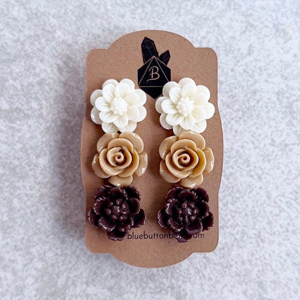 Mocha Brown · Latte Brown · White Chocolate // Floral Stud Earrings, Set of 3 - Resin Flower Cabochons, Silver Stud Posts, Roses, Peonies