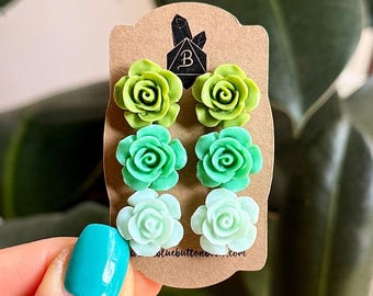 Olive Green · Teal · Mint Green // Flower Stud Earrings, Set of 3 - Colorful Rose Cabochons, Bright Green, Grass, Stainless Stud Posts