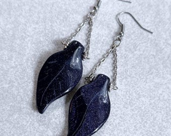 Navy Blue Goldstone Leaf Earrings - Silver Link Chain, Blue Stone Charms, Statement Earrings, Leaves, Silver Ear Wires, Sparkly, Glitter
