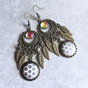 Iridescent Dreamcatcher Earrings - Bronze Feathers, Peacock Matte Glass Cabochons, Dots, White, Color-Changing, Charms, Hippie, Chandelier