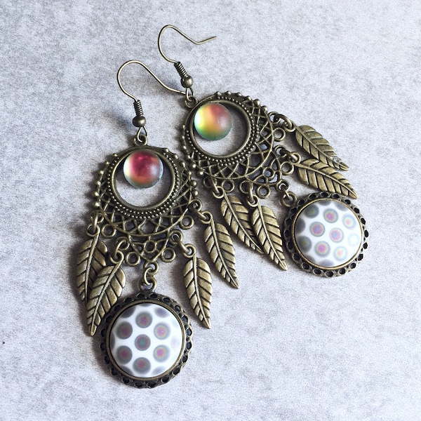 Iridescent Dreamcatcher Earrings - Bronze Feathers, Peacock Matte Glass Cabochons, Dots, White, Color-Changing, Charms, Hippie, Chandelier