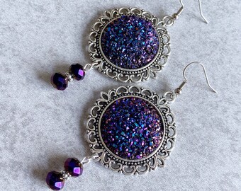 Deep Magenta Druzy Filigree Earrings - 25mm Glitter Geode Cabochons, Silver Filigree Charms, Faceted Plum Beads, Boho Chic, Sparkly, Gypsy