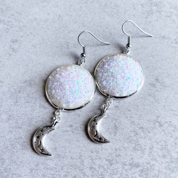 Iridescent Aura Quartz x Moon & Star Earrings - Sparkly, Glitter Druzy Geodes, White Rainbow, Silver Charms, Celestial, Boho Chic, Galaxy