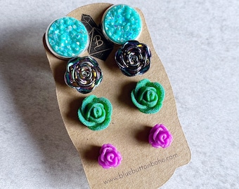Funky Colors Palette // Glittery Stud Earrings, Set of 4 - Teal Green Druzy, Metallic Black Roses, Emerald Green Buds, Magenta Purple Roses