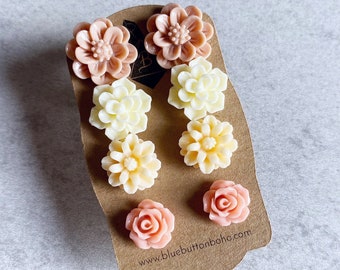 Pretty Peach Palette // Floral Stud Earrings, Set of 4 - Mauve Pink Peonies, Buttercream Succulents, Pale Peach Dahlias, Coral Pink Roses