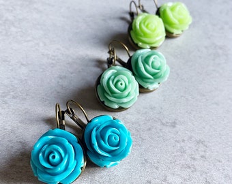 Teal Blue · Mint Green · Pistachio Green // Large Rose Leverback Earrings - Antique Bronze, Turquoise, Lime, Sea Foam, Bridesmaids Jewelry