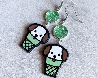 Pups In Cones Drop Earrings - Mint Green Druzy, Beagles, Hounds, Dog Lovers Jewelry, Ice Cream Cones, Waffle Cones, Kawaii, Kitsch, Cute