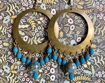 Matte Navy x Jasper Beaded Hoop Earrings - Antique Bronze Hoops, Deep Blue Beads, Metallic Copper Seed Beads, Gypsy Jewelry, Bohemian Chic