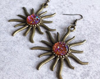 Sunburst Druzy Earrings - Tangerine Orange Glitter Cabochons, Antique Bronze Charms, French Hooks, Dangle Earrings, Galaxy Jewelry, Boho