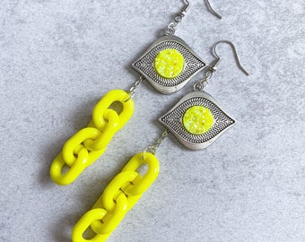 Neon Yellow Chain Link Statement Earrings - Iridescent Glitter Druzy, Evil Eye Silver Charms, Acrylic Link Beads, Unique, Pop of Color