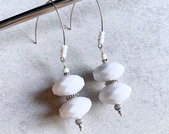 White Double Ellipsoid Beaded Statement Earrings - Acrylic Gumball Faceted Charms, Silver V-Hook Ear Wires, Boho Chic, Wedding Jewelry
