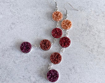 Deep Red Ombre Druzy Earrings (Long) - Mauve, Coral, Burgundy, Plum Purple, Glitter Cabochons, Silver, Crystals, Geodes, Bohemian, Boho Chic