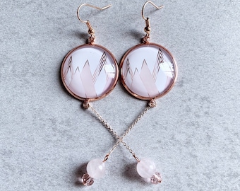 Geometric Mountain x Rose Quartz Earrings - Rose Gold Bezel Trays/Ear Wires/Link Chain, Crystal Beads, Mtn Range, Modern Jewelry, Minimalist
