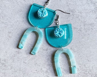 Aqua Blue Acrylic Geometric Druzy Earrings - Half Moon Charms, U-Shape Charms, Glitter Geodes, Sky Blue, Turquoise, 80s, Colorful, Silver