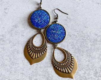 Blue Druzy Art Deco Statement Earrings - 25mm Glitter Geode Cabochons, Vintage Antique Bronze Teardrop Charms, Gypsy Jewelry, Bohemian Chic