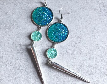 Teal x Mint Glitter Druzy Spike Earrings - Dreamcatchers, Chandelier Statement Earrings, Green, Teal Blue, Turquoise, Iridescent, Boho Chic
