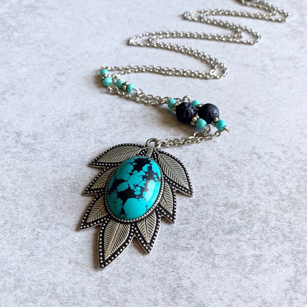 Fallen Leaf Turquoise Beaded Necklace - Howlite 18x25mm Cabochons, Silver Charms, Black Lava Beads, Turquoise Seed Beads, Silver Link Chain