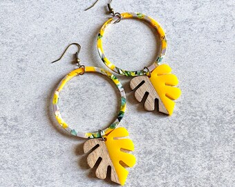 Colorful Resin x Wood Monstera Hoop Earrings - Bright Yellow, Lavender Purple, Acrylic Monstera Deliciosa Charms, Crazy Plant Lady, Tropical