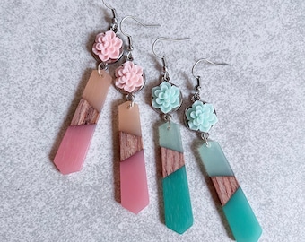 Geometric Wood x Resin Succulent Drop Earrings - Mint Green, Blush Pink, Ombre, Aqua, Light Pink, Silver, Floral Jewelry, Garden Party