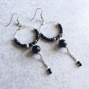 Black Beaded Hoop Earrings - Seed Beads, Matte Beads, Silver Link Chain, Dreamcatchers, Boho Chic, Gypsy Jewelry, Hippie Earrings, Goth