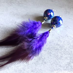 Purple Disco Feather Earrings - Iridescent Gumball Beads, Rainbow Vibes, Violet Purple Feathers, Statement Earrings, Bohemian, Boho Chic