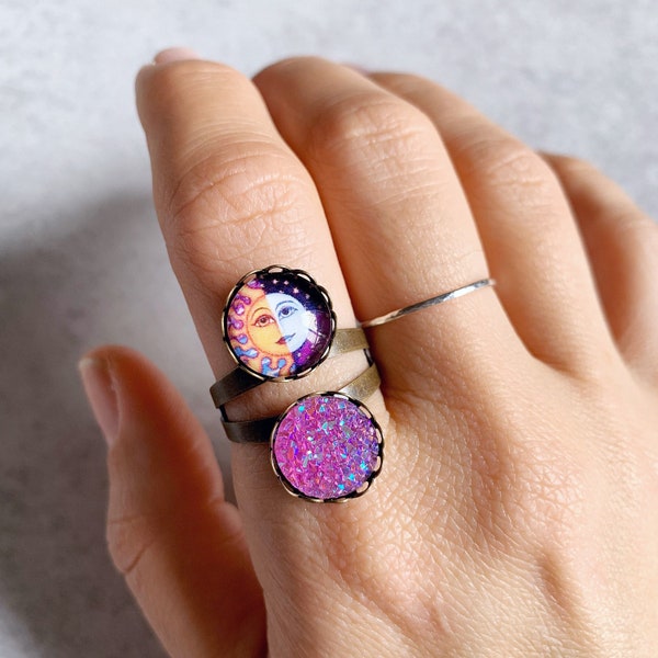 Celestial Druzy Double Ring - Moon & Stars, Magenta Purple Druzy, 12mm Glass Cabochon, Antique Bronze Bezels, Adjustable Band, Boho