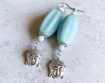 Green Aventurine Beaded Buddha Earrings - Silver Siddhartha Charms, Sea Foam Textured Charms, Barrel Beads, Reiki, Meditation, Enlightenment