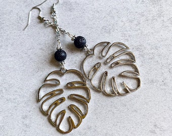 Monstera Leaf Dangle Earrings - Black Lava Rock Beads, Silver Plant Charms, Link Chain, Statement Earrings, Tropical Plants, Plant Lady