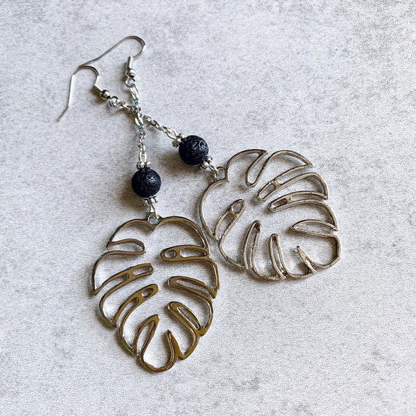 Monstera Leaf Dangle Earrings - Black Lava Rock Beads, Silver Plant Charms, Link Chain, Statement Earrings, Tropical Plants, Plant Lady