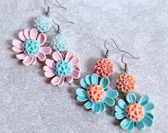 Two-Tone Sunflower x Chrysanthemum Drop Earrings - Blush Pink/Mint Green, Turquoise/Coral, Florals, Garden Party, Colorful Jewelry, Boho