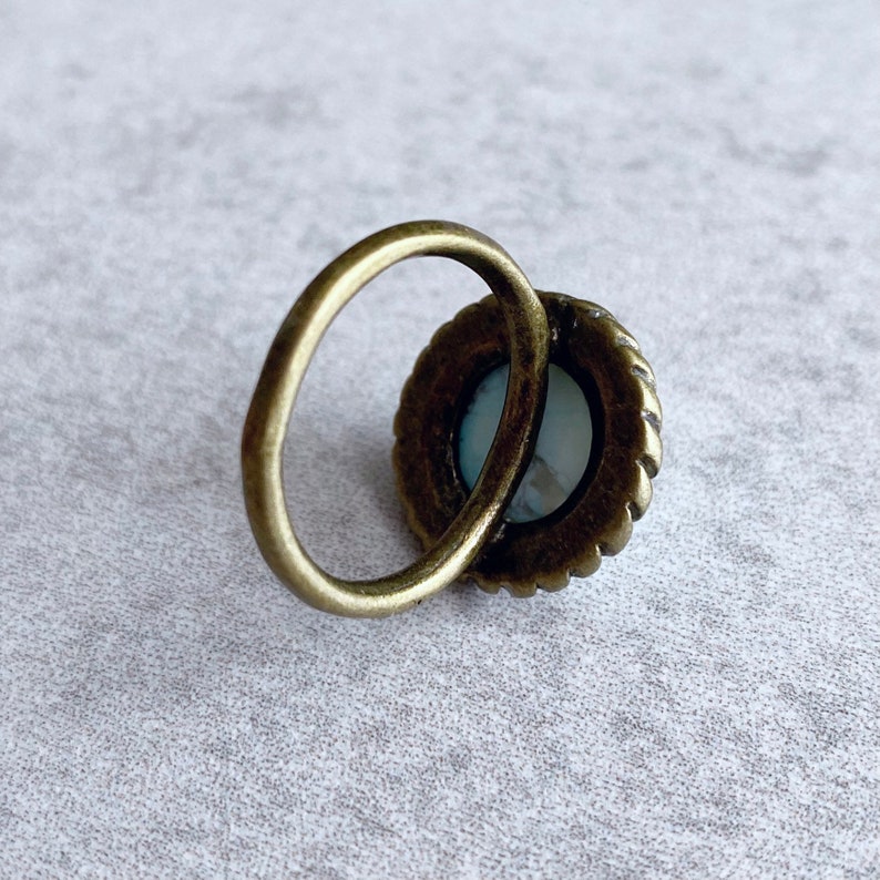 Vintage-Inspired Mint Green Turquoise Ring Antique Bronze Braided Bezel Size 6 Band Sea Foam Pale Aqua Boho Chic Stacking Rings