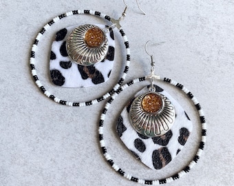 Walk On The Wild Side Hoop Earrings - Black + White Seed Beads, Leopard Print Furry Leather Charms, Chocolate Brown Druzy, Silver Charms