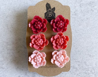 Red Currant · Flamingo Pink · Blush Pink // Peony Stud Earrings, Set of 3 - Flowers, Roses, Dahlias, Stainless Steel Posts, Floral Sets