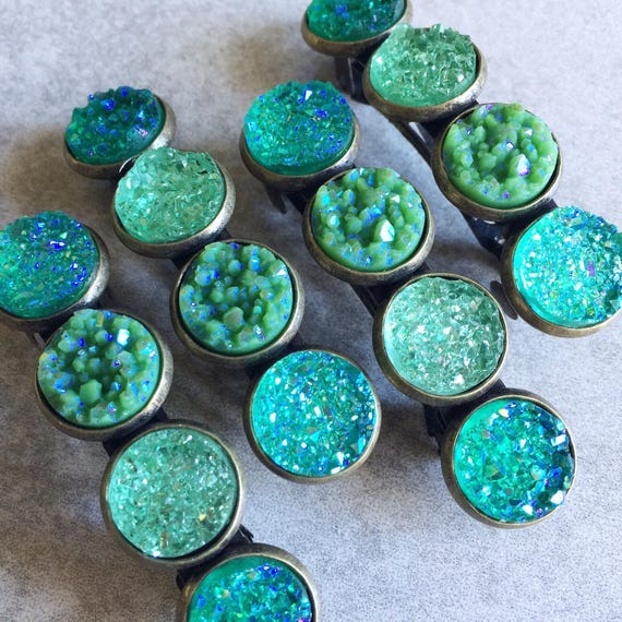 Green Ombre Druzy Hair Clips - Antique Bronze Barrettes  display picture 3