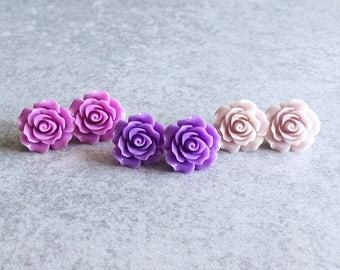 Violet · Lilac · Lavender // Purple Rose Earrings - 20mm Resin Flower Cabochons, Stainless Steel Stud Backs, Shabby Chic, Bridesmaid Jewelry