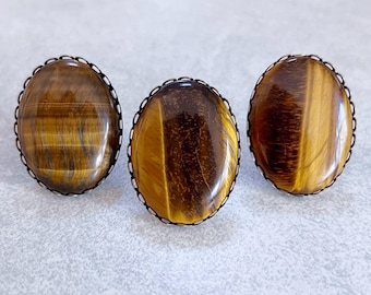 Brown Tiger's Eye Statement Ring - 40mm x 30mm Cabochon, Antique Bronze Edge Setting, Adjustable, Crystal Rings, Stone Rings, Large Rings