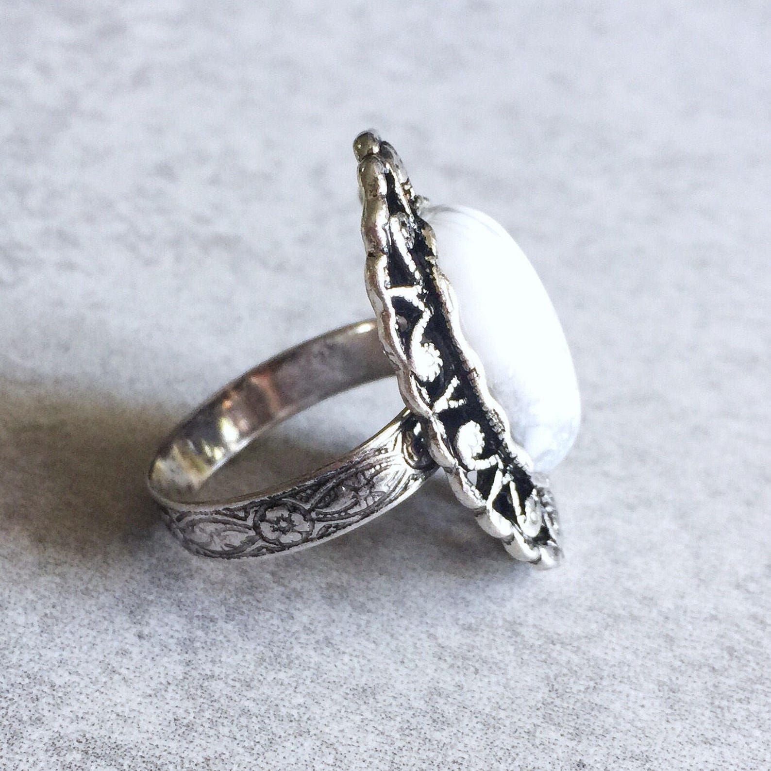 White Marble Turquoise Statement Ring Antique Silver Etsy